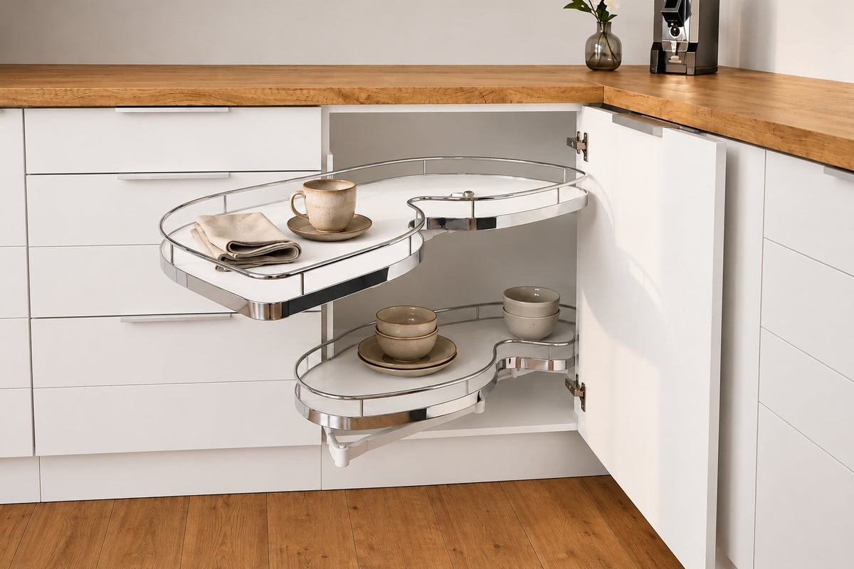 Eckschrank-Nierenauszug 100cm – Weiß/Chrom – Links