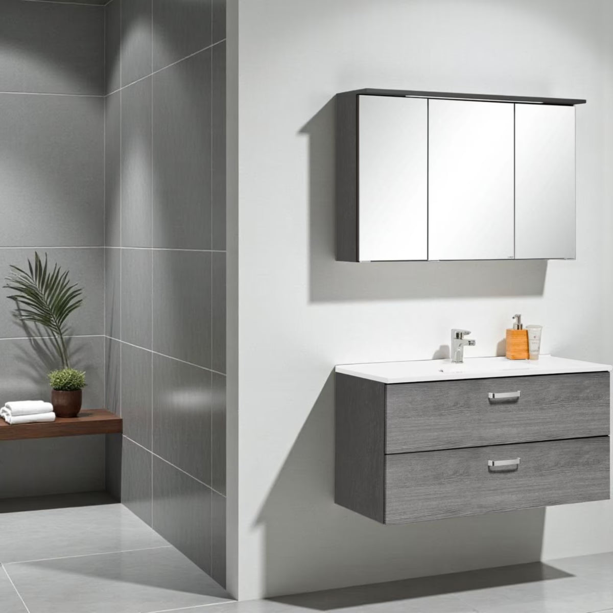 Badmöbel Set 100 cm mit LED-Spiegelschrank – Soft-Close & Mineralgussbecken | Simo Möbel