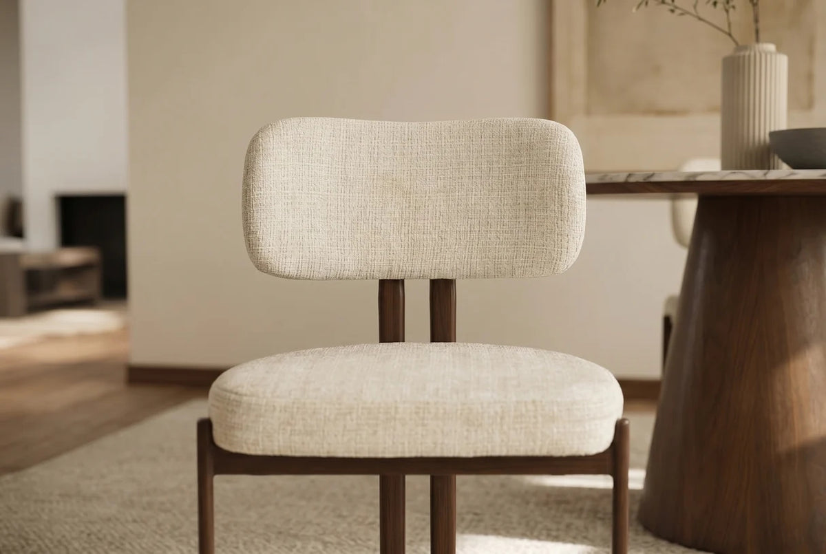 Esszimmerstuhl LORENZO – 2er-Set – Chenille Creme-Beige mit Gestell in Walnussoptik