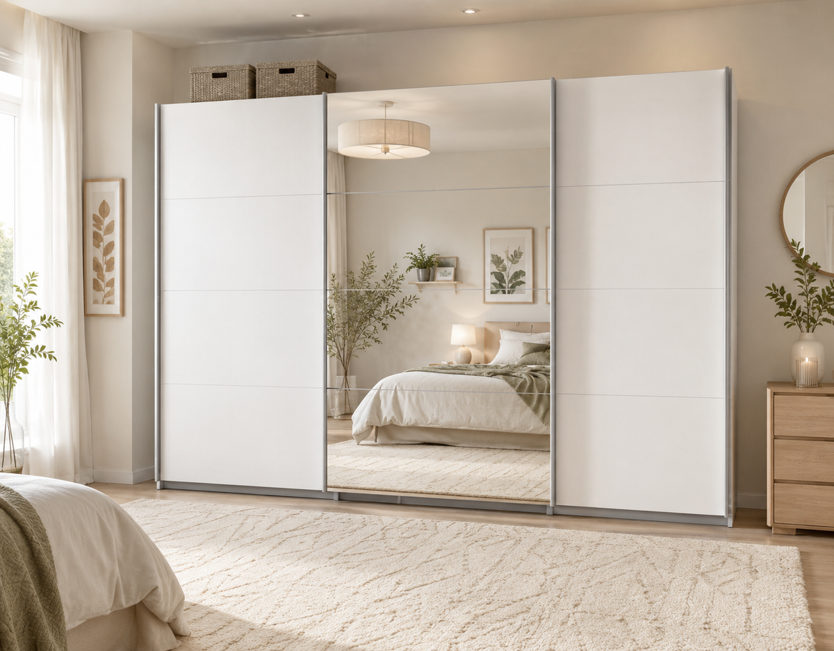 Schrank Kleiderschrank Schwebetürenschrank 315 cm Alpinweiß