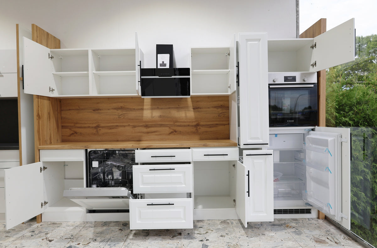 Landhaus Küche ROMA 310 cm – Weiß – Soft-Close & Premium-Auszüge – inkl. 5 Elektrogeräte & Nischenrückwand – Made in Germany