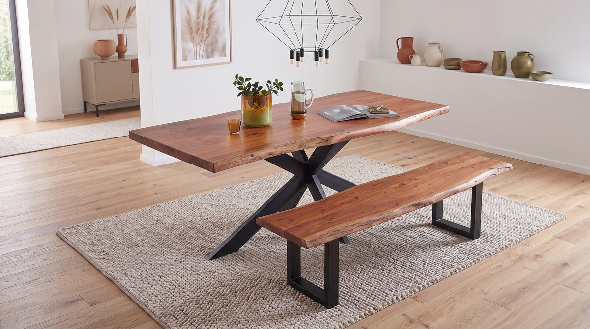 Design Esstisch Baumkante Akazie Massivholz mit Spider Gestell – Unikat | Simo Möbel