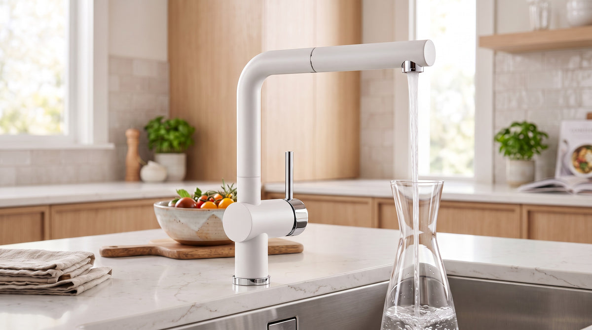 Blanco Wasserhahn Küche Armatur Einhebelmischer - Hochdruck – Weiß matt – mit ausziehbarer Brause | Simo Möbel