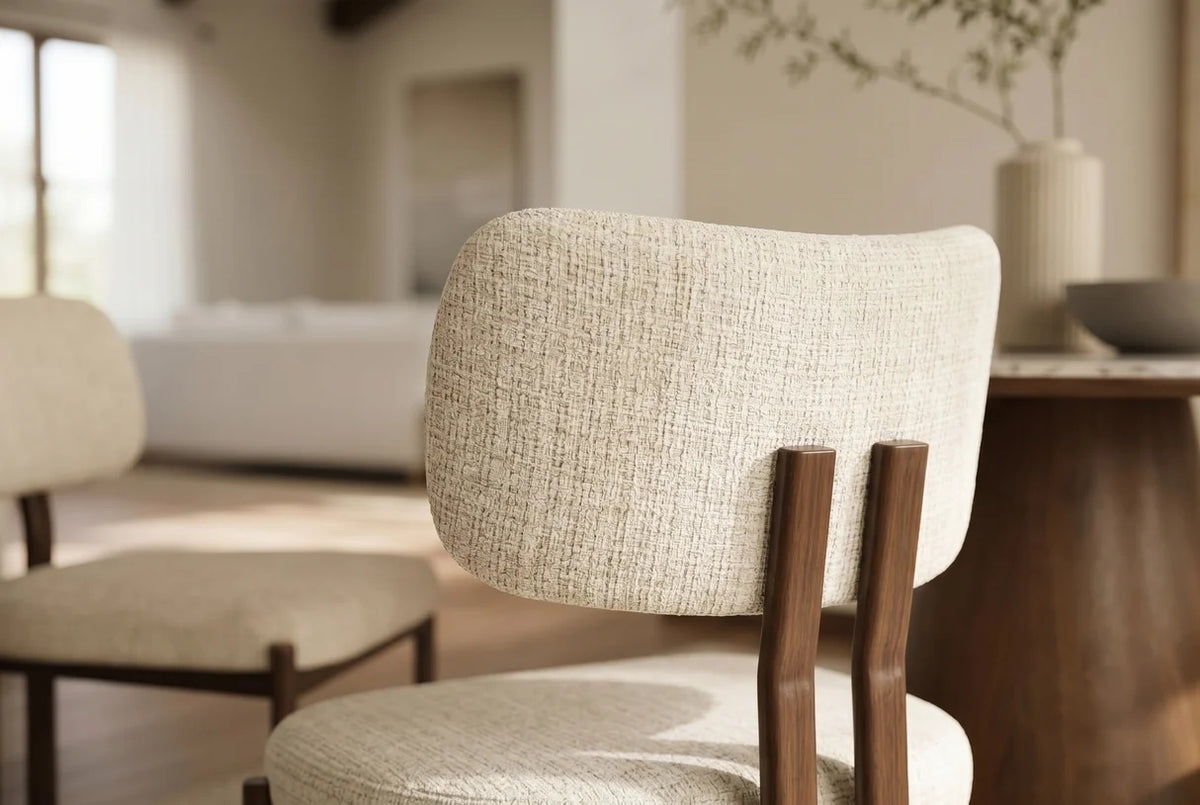 Esszimmerstuhl LORENZO – 2er-Set – Chenille Creme-Beige mit Gestell in Walnussoptik