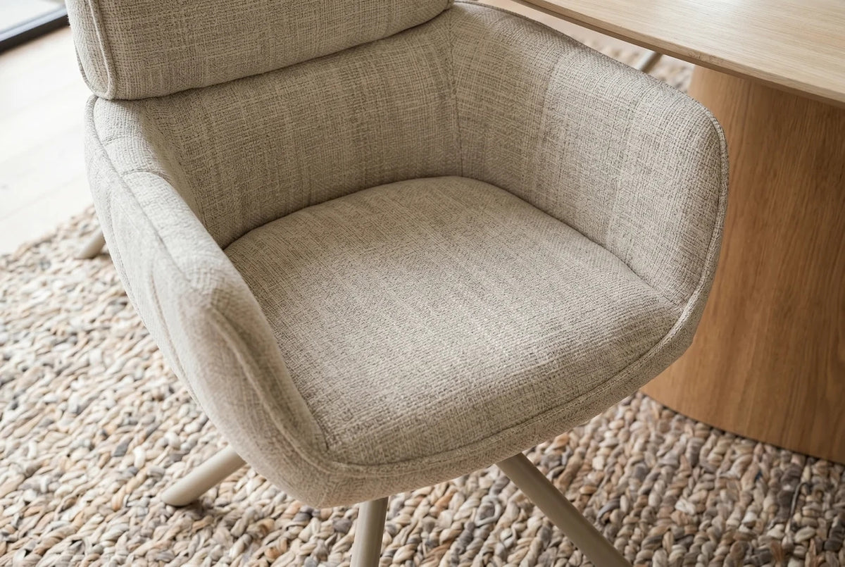 Esszimmer Stuhl  Drehstuhl AMELIA mit Armlehnen – 180° Auto-Return, Chenille Beige