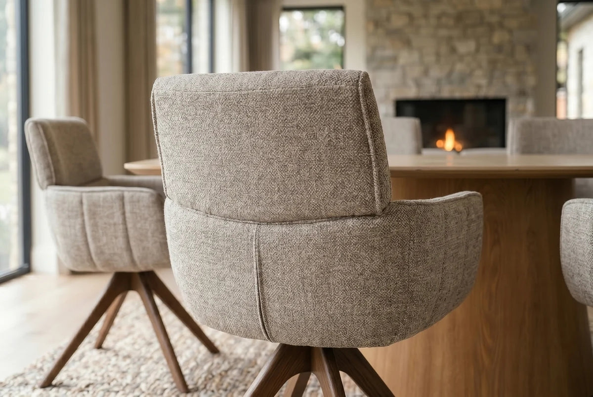 Esszimmerstuhl Stuhl Drehstuhl LIVA mit Armlehnen – 180° Auto-Return, Strukturstoff Taupe-Beige