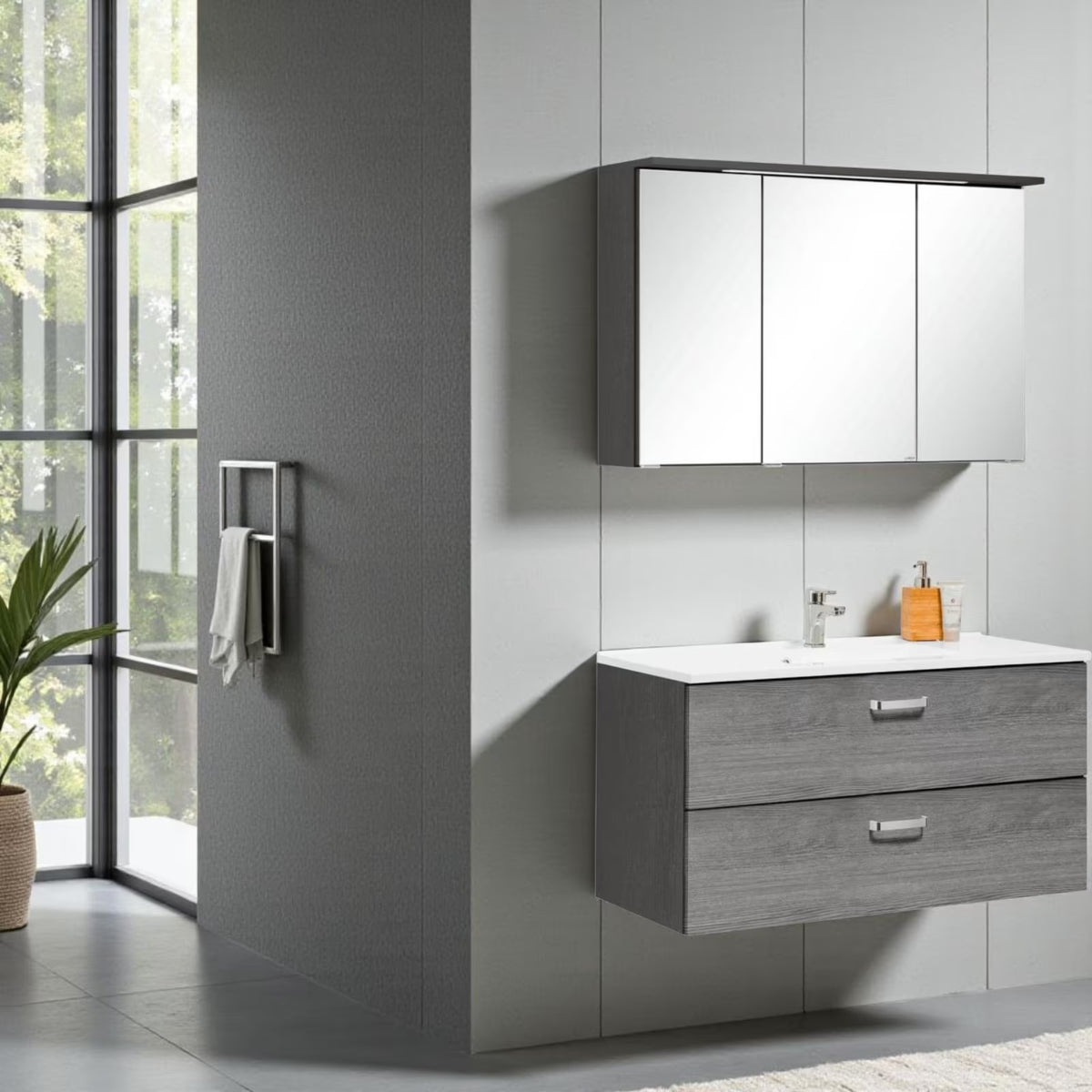 Badmöbel Set 100 cm mit LED-Spiegelschrank – Soft-Close & Mineralgussbecken | Simo Möbel