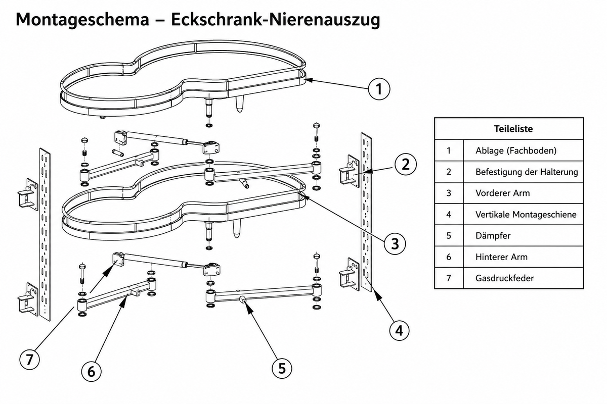 Eckschrank-Nierenauszug 1200 mm – Weiß/Chrom – RECHTS