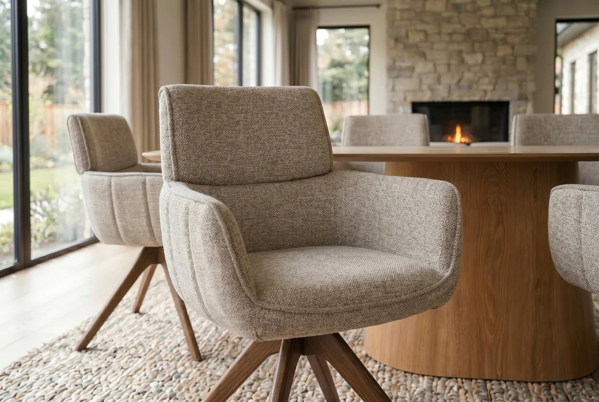 Esszimmerstuhl Stuhl Drehstuhl LIVA mit Armlehnen – 180° Auto-Return, Strukturstoff Taupe-Beige
