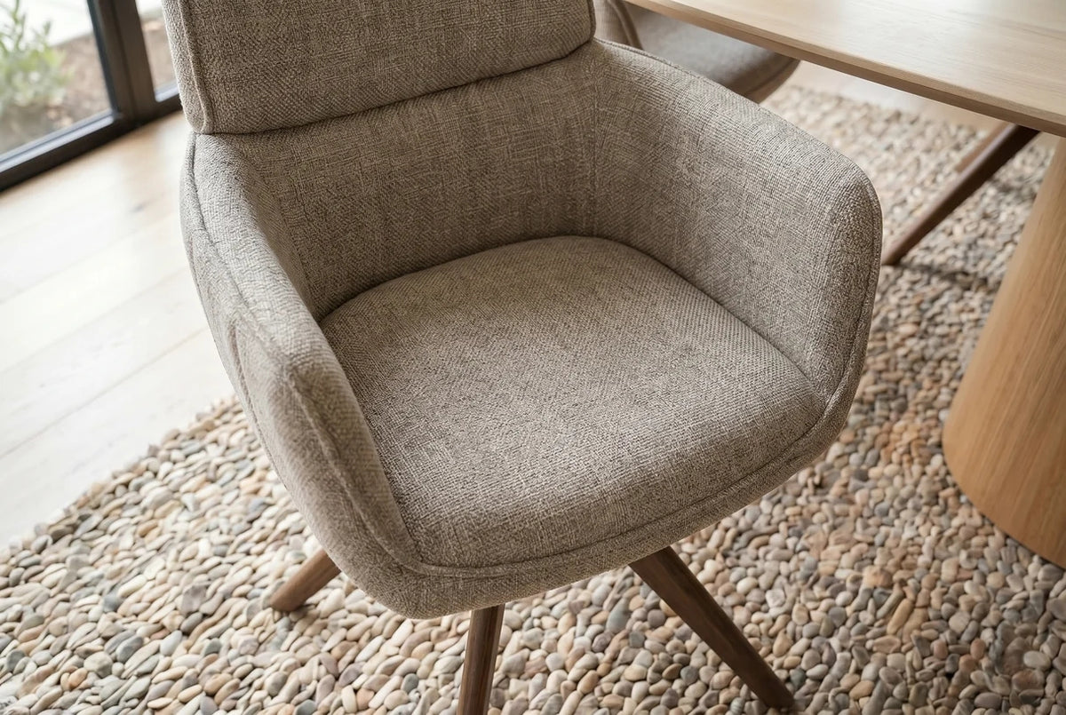 Esszimmerstuhl Stuhl Drehstuhl LIVA mit Armlehnen – 180° Auto-Return, Strukturstoff Taupe-Beige