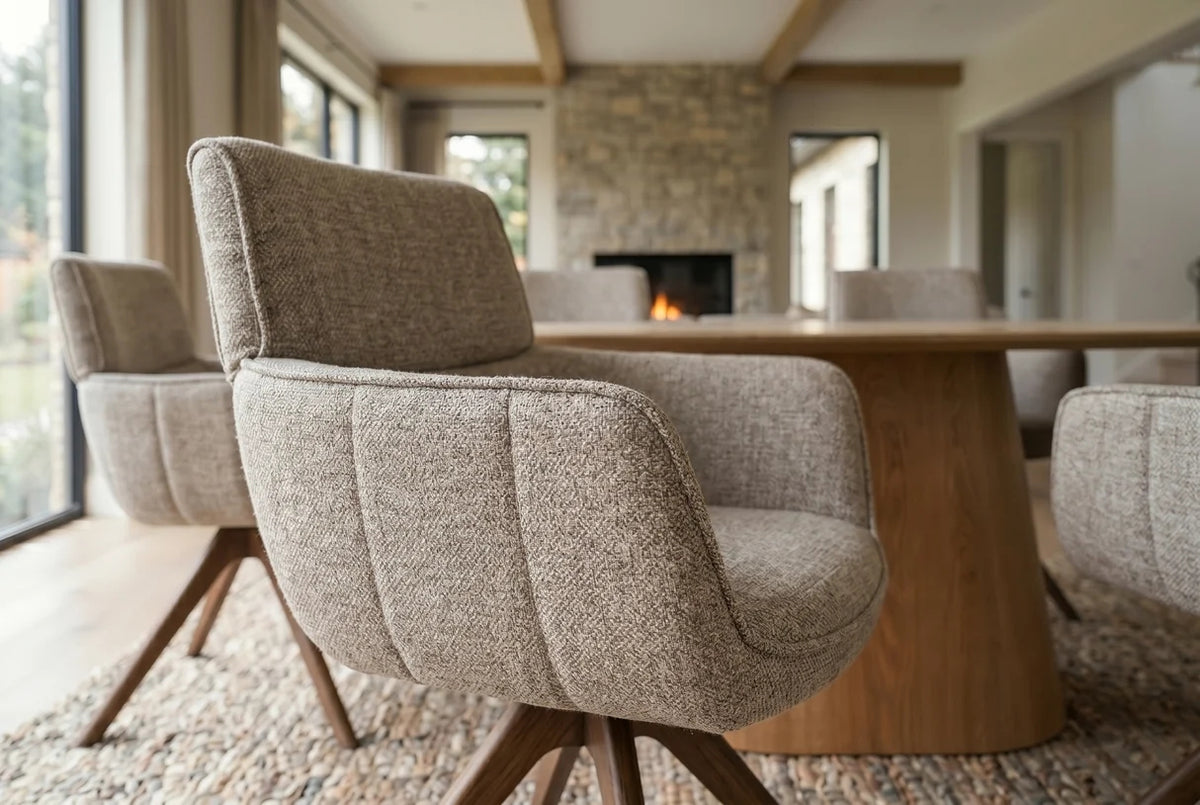 Esszimmerstuhl Stuhl Drehstuhl LIVA mit Armlehnen – 180° Auto-Return, Strukturstoff Taupe-Beige
