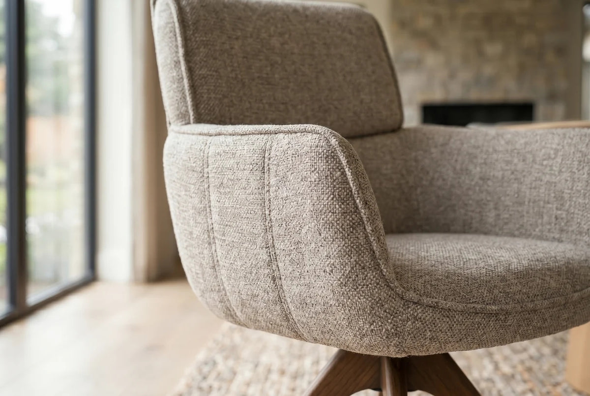 Esszimmerstuhl Stuhl Drehstuhl LIVA mit Armlehnen – 180° Auto-Return, Strukturstoff Taupe-Beige