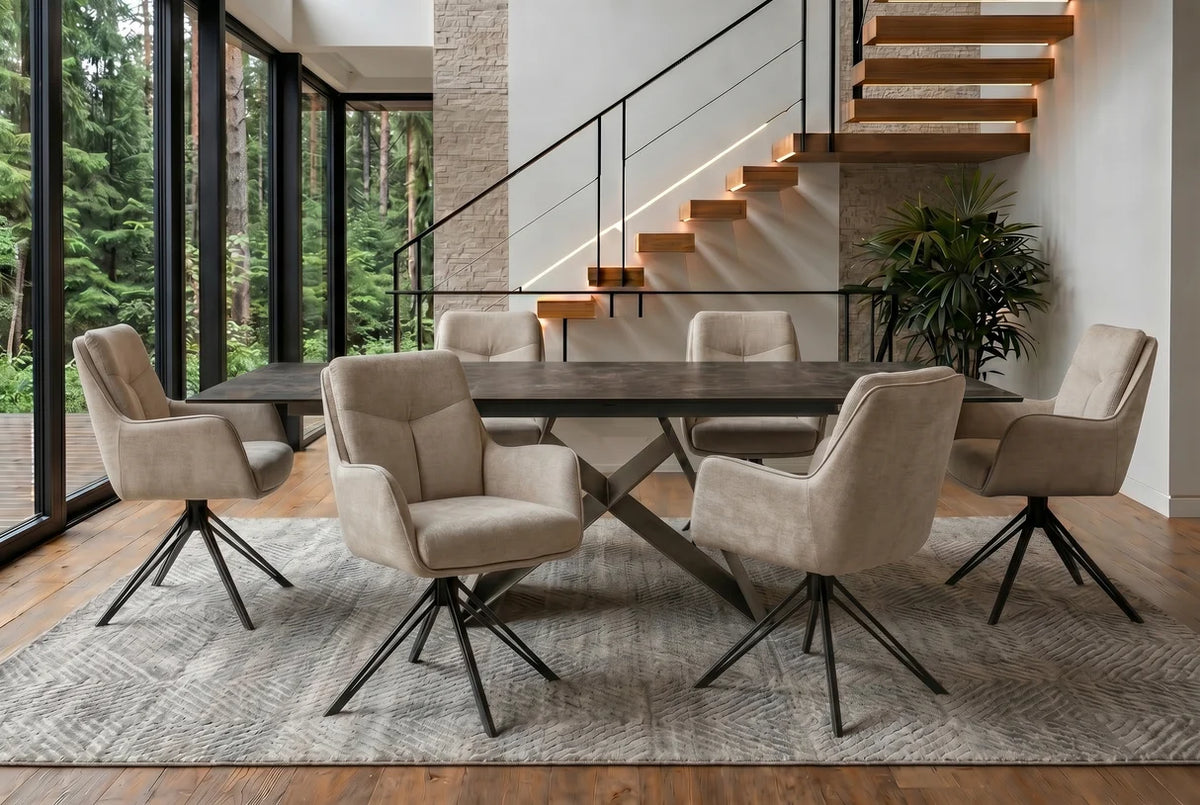 Esszimmerstuhl VELORA 180° drehbar mit Armlehnen – Samt Velours Beige, Metallgestell Schwarz