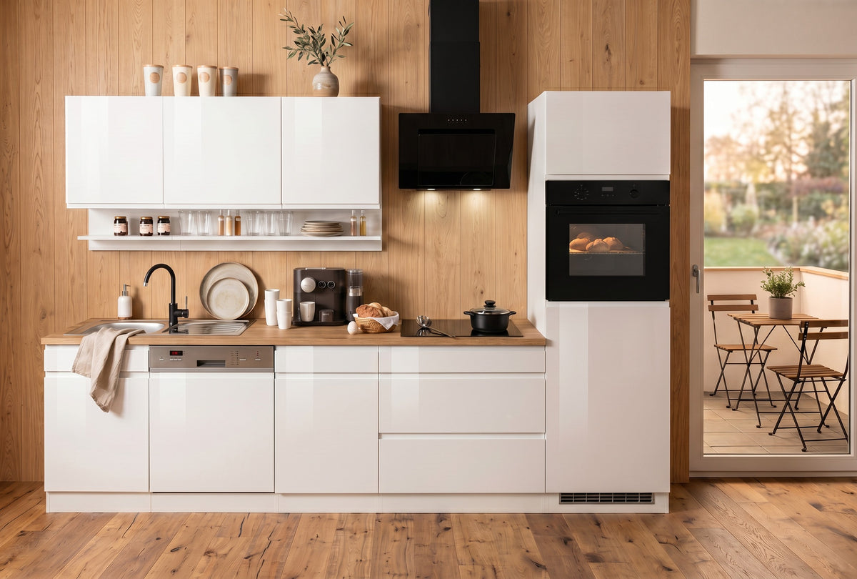 Küchenblock Linz  300 cm – Weiß Hochglanz / Wotaneiche – Grifflos – inkl. Elektrogeräte – Made in Germany