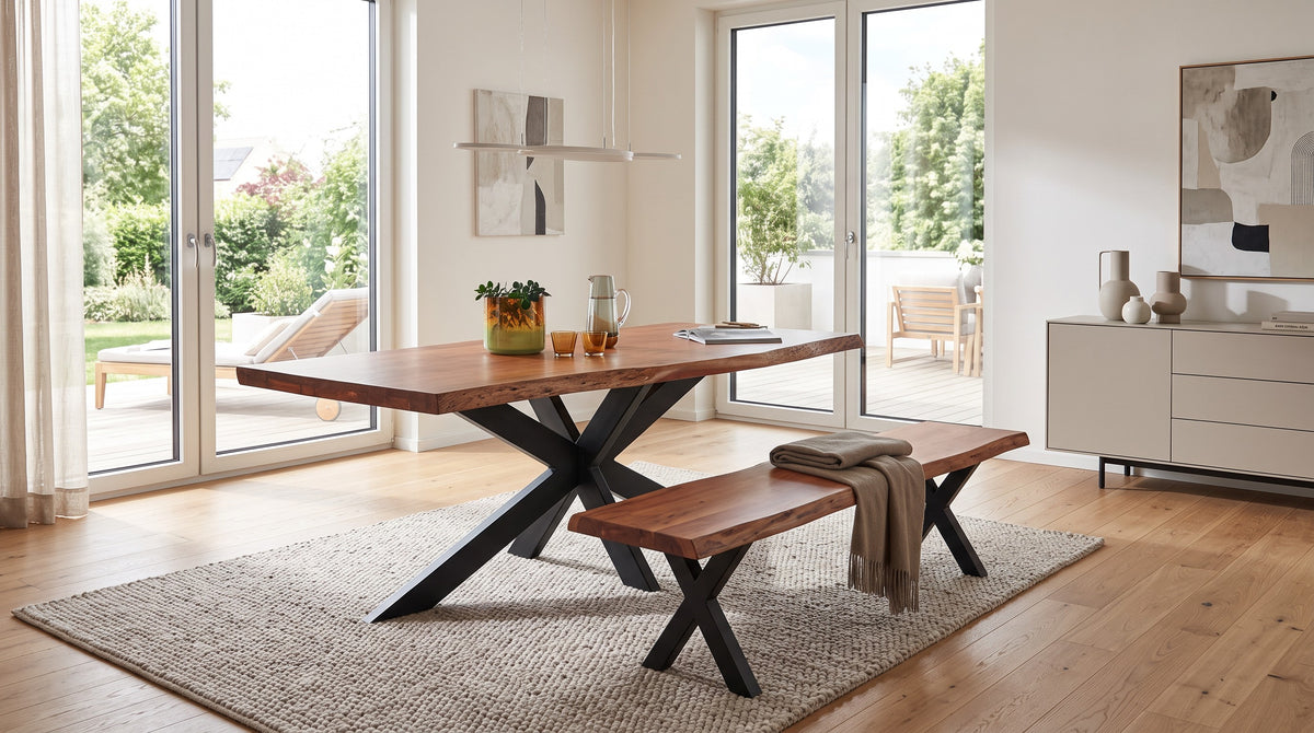 Design Esstisch Baumkante Akazie Massivholz mit Spider Gestell – Unikat | Simo Möbel