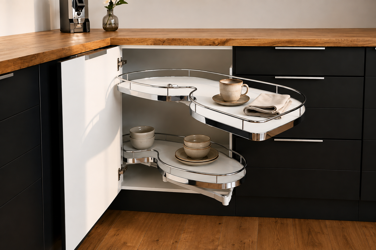 Eckschrank-Nierenauszug 1200 mm – Weiß/Chrom – RECHTS