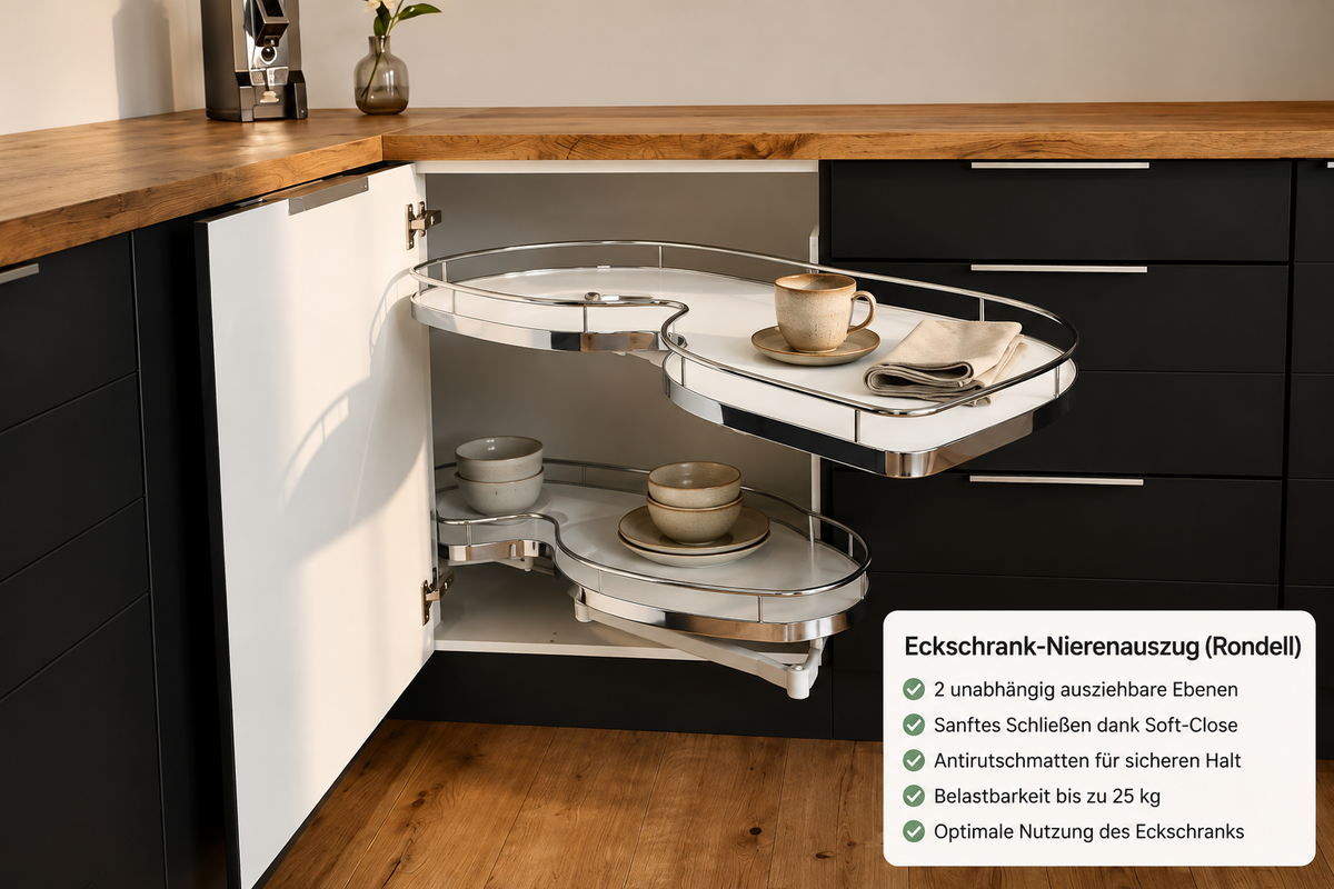 Eckschrank-Nierenauszug 1200 mm – Weiß/Chrom – RECHTS