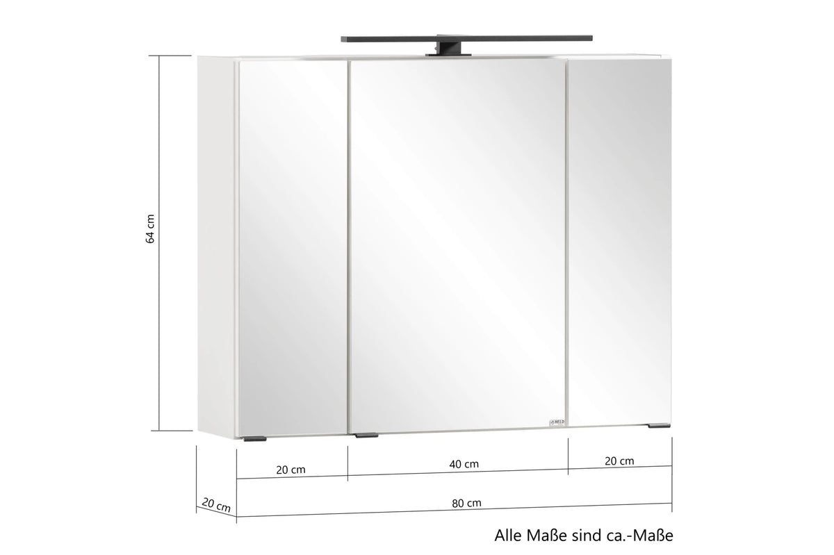 Held Möbel Spiegelschrank Luna 80 cm weiß mit LED – 3 Spiegeltüren